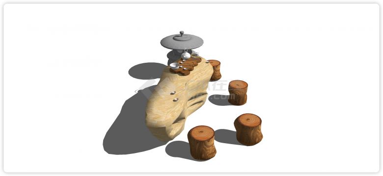 大理石原石桌子圆木凳子石桌石凳su模型-图二