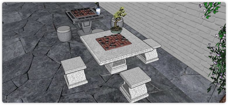 方形中式雕花石桌石凳su模型-图二