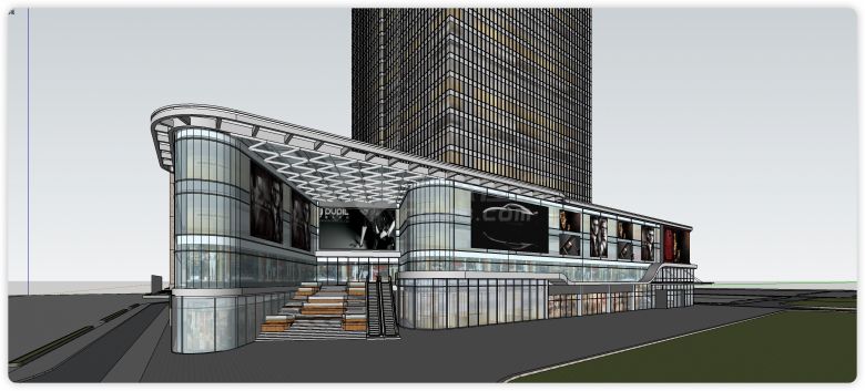 玻璃结构转角屏幕现代商业综合体塔楼su模型-图一