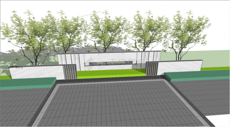 灰色花纹隔断的带有绿植树的小区景墙su模型-图二