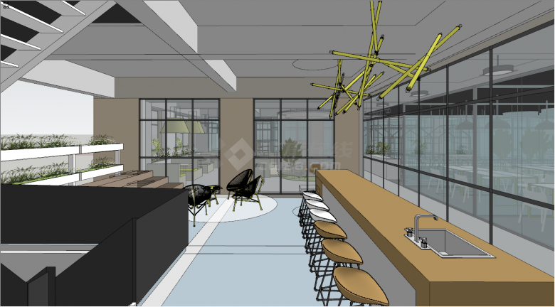 带有会议室休息室彩色桌椅的办公空间休息区su模型-图二