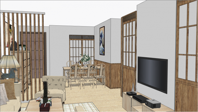 简约现代的风格带有原木家具的房间su模型_图1