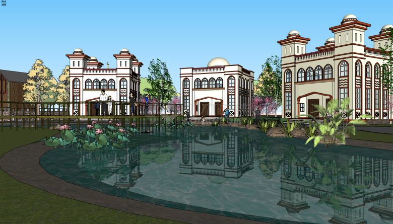 荷花池和屋顶有半球形造型的回族伊斯兰风格别墅su模型-图一
