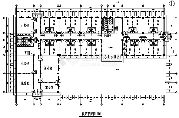 为5000平米五层框架结构学生公寓建施cad图,资料内容包括首层平面图