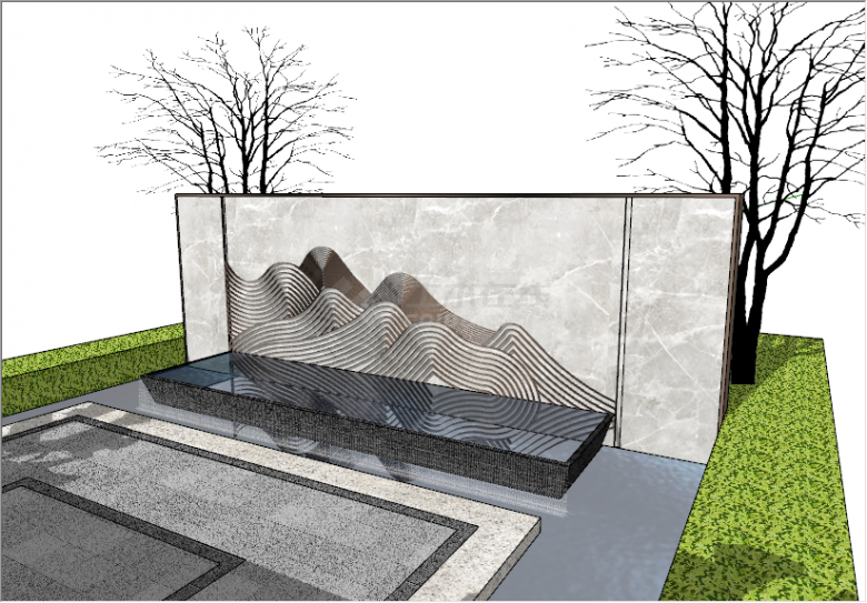新中式金属线条雕塑禅意山水景墙山石片岩su模型-图二