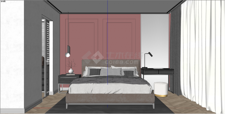 现代红色背景墙卧室su模型-图二
