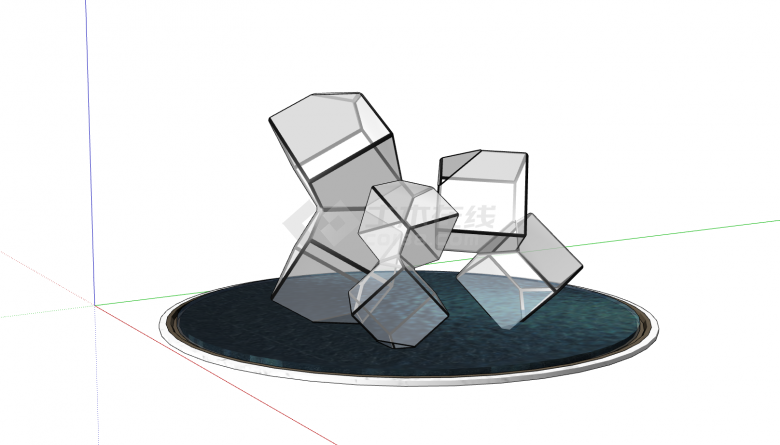 圆形水池上堆叠透明方块灵动艺术su模型-图二