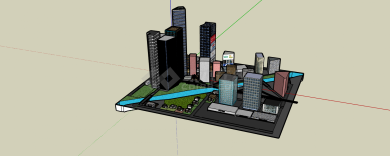 现代高层带河流建筑商业综合体SU模型-图一