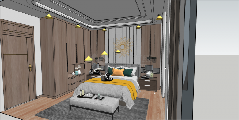 新中式现代高级双人卧室su模型-图一