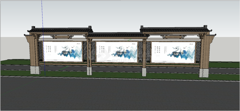 中式檐廊样式顶部木质宣传栏su模型-图二