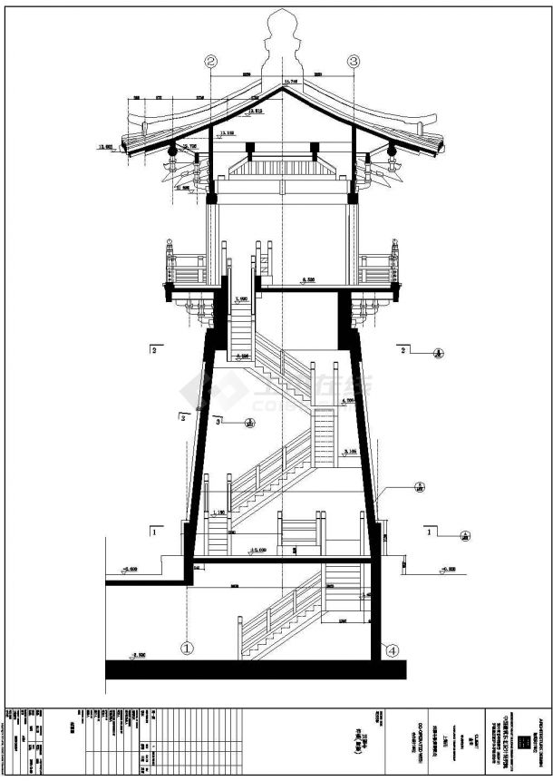 大唐芙蓉园内部130平米钟鼓楼建筑设计cad图纸,其中包含:钟鼓楼平面图