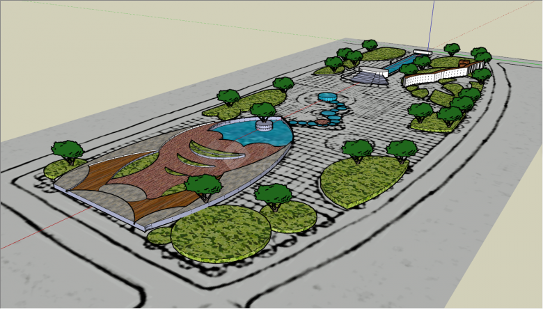 带有水池的绿化园林广场公园su模型-图二