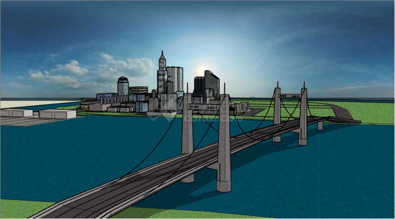 带有宽阔的河流  大桥  高楼大厦的设计图su模型-图二
