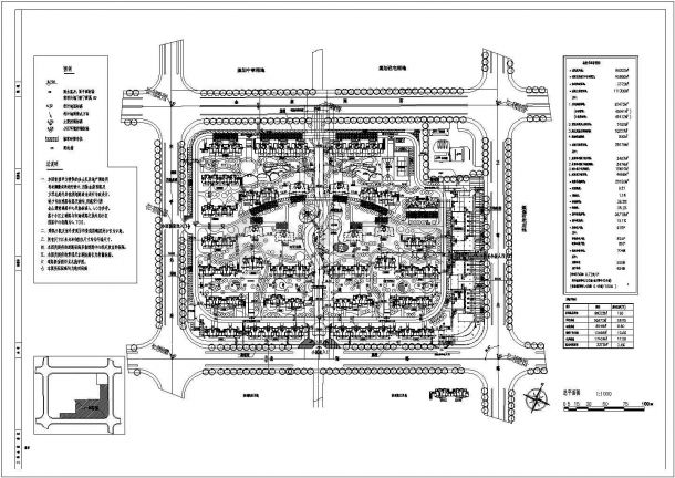 某多层住宅小区（基地总用地99322平方米）规划设计cad总平面施工图（含经济技术指标，含设计说明）-图二