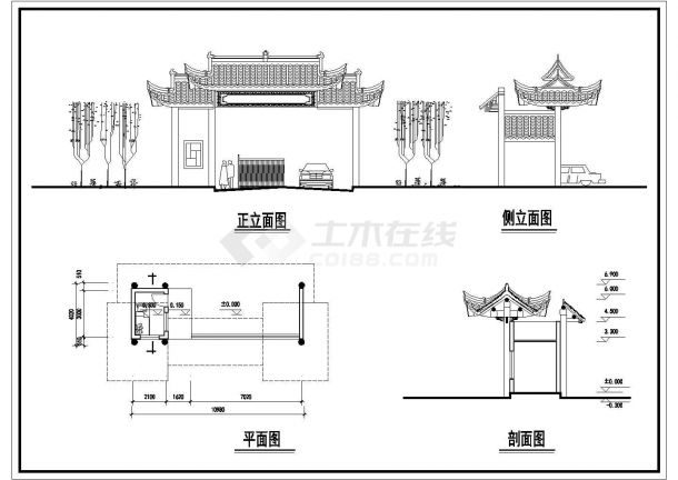南京市某纯净水厂大门仿古牌楼建筑设计CAD图纸-图一