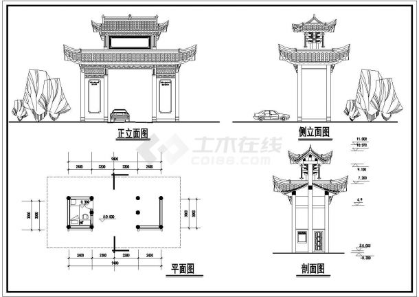 南京市某纯净水厂大门仿古牌楼建筑设计CAD图纸-图二