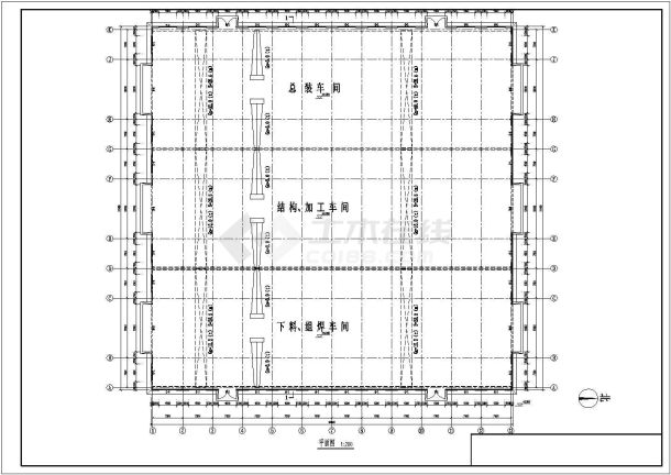 车间设计_某单层总装结构加工下料组焊车间建施CAD图-图一