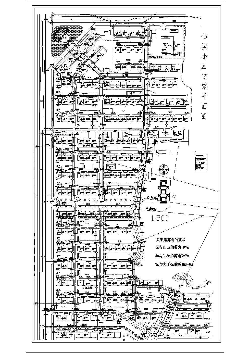 某现代多层住宅小区道路规划设计cad总平面图（标注详细）