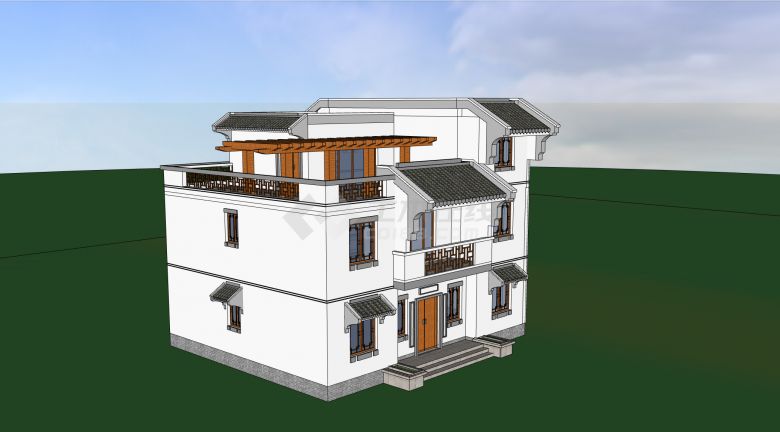 白色外墙三层中式风格独栋别墅SU模型-图二