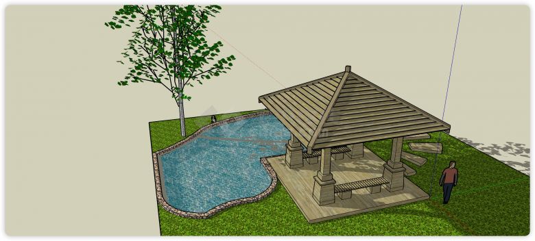 木结构四角亭带水池景观古亭su模型-图二