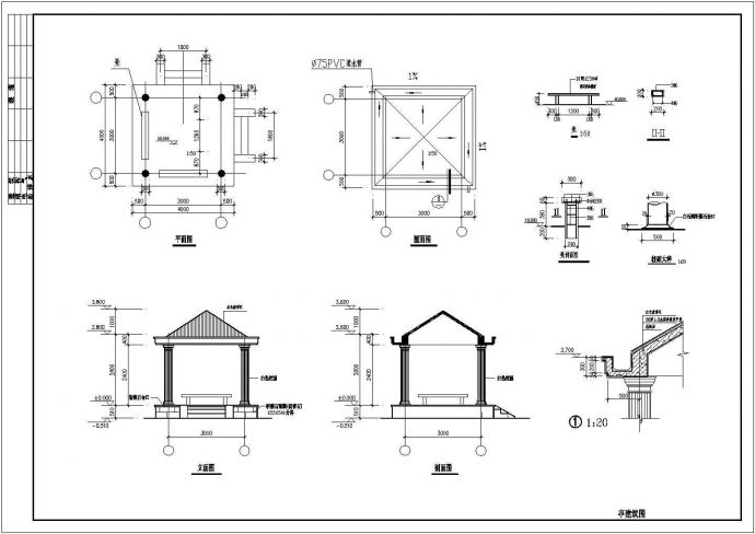某亭长廊围墙等建筑CAD全套设计结构施工图_图1