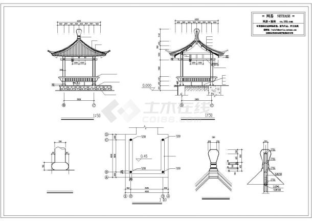 淄博市某村镇内部小型仿古凉亭建筑设计CAD图纸-图一
