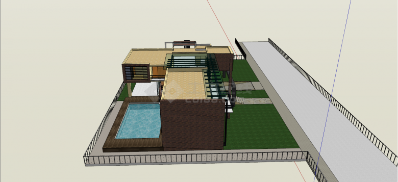 现代平顶带泳池别墅su模型-图二