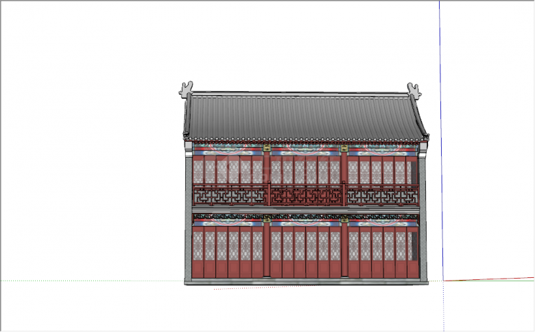 中式红色硬山樨头双面建筑su模型-图二