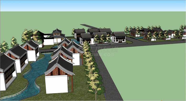 一条河流穿过整座村庄的建筑设计su模型-图一