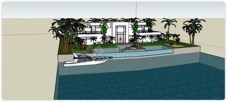 棕榈树前院喷泉白色主体别墅豪宅su模型-图一