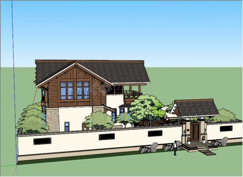 东南亚风格棕色坡屋顶小别墅su模型-图二