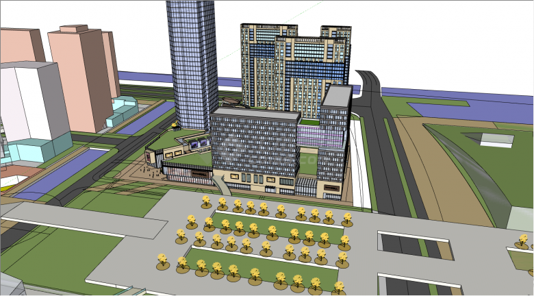 带有办公楼跟商业街的建筑su模型-图二