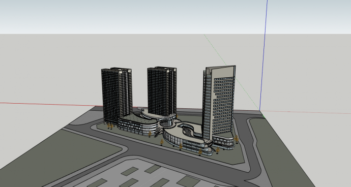 三栋高层深色办公楼su模型_图1