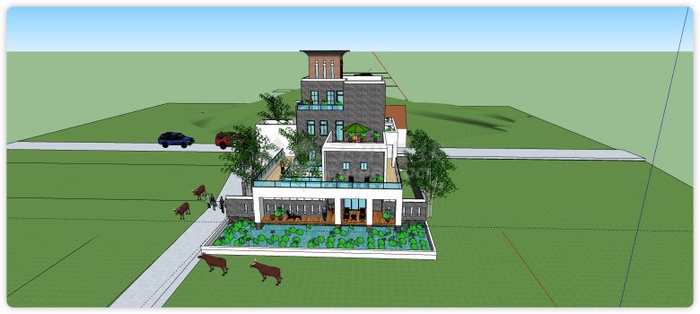荷花池景观私家别墅建筑设计su模型-图二
