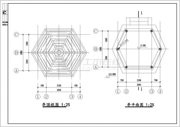 某地六角亭建筑设计cad施工图-图二