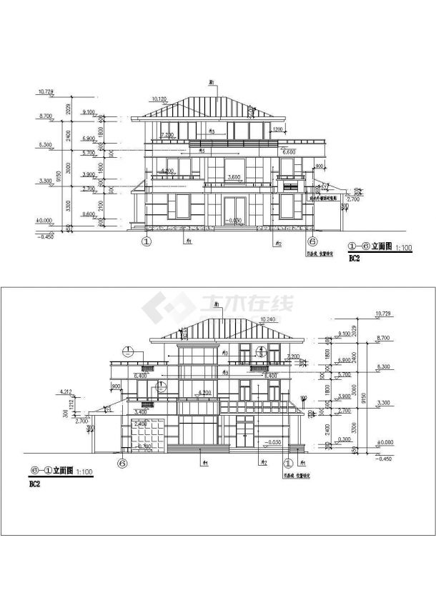 达州市某大型休闲避暑山庄3层框架结构别墅楼平立面设计CAD图纸-图二