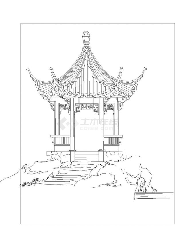 盐城市某风景区内部小型古典六角亭平立面设计CAD图纸-图二