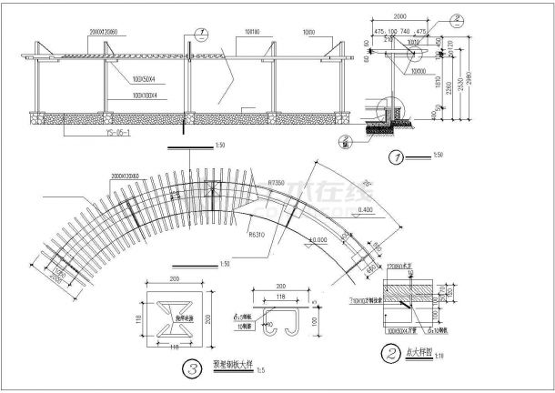 珠海市某海景广场木架廊+门架+木凳设计CAD图纸-图一