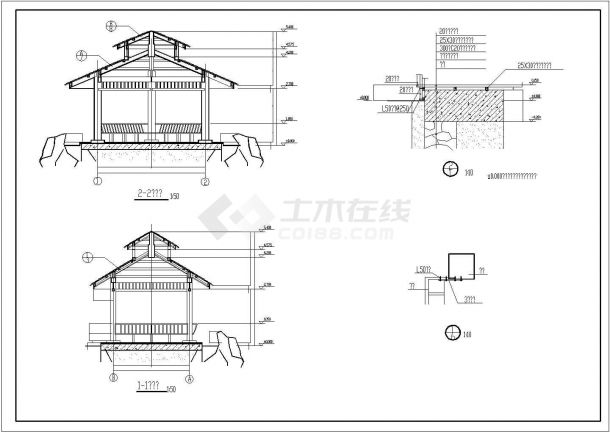 秦皇岛某景区内部木结构仿古四角亭建筑设计CAD图纸-图一