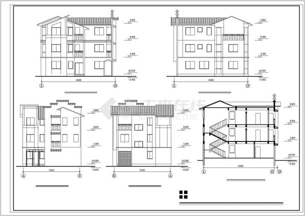 汉中市南郑区某现代村镇3层砖混结构别墅建筑设计CAD图纸（含效果图）-图二