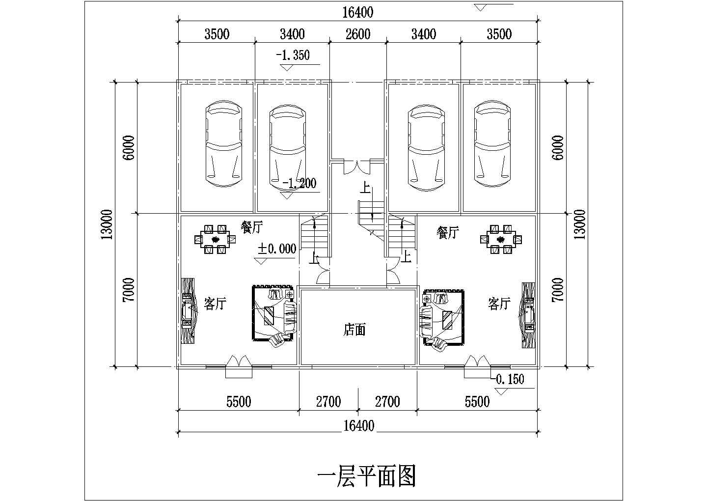 224+245平米5层框架结构联排别墅全套平面设计CAD图纸（1楼2户）