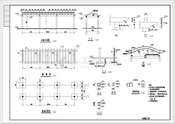 某亭、长廊、围墙等建筑结构设计cad施工图-图一