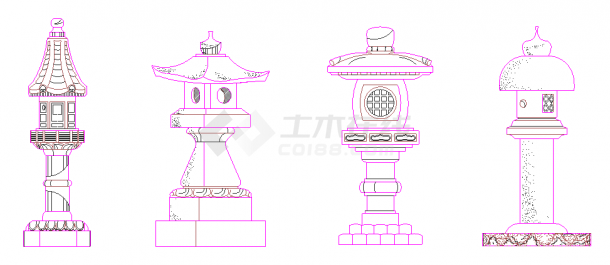 4种日式中式石灯笼雕塑庭院小品立面图  -图一