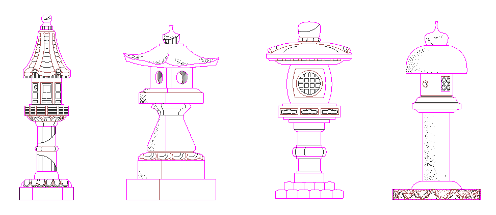 4种日式中式石灯笼雕塑庭院小品立面图  