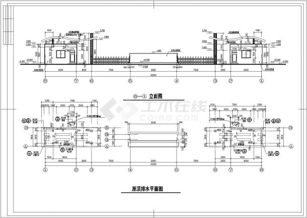 西安某大学附属中学大门建筑设计CAD图纸（含48平米门卫室）-图二