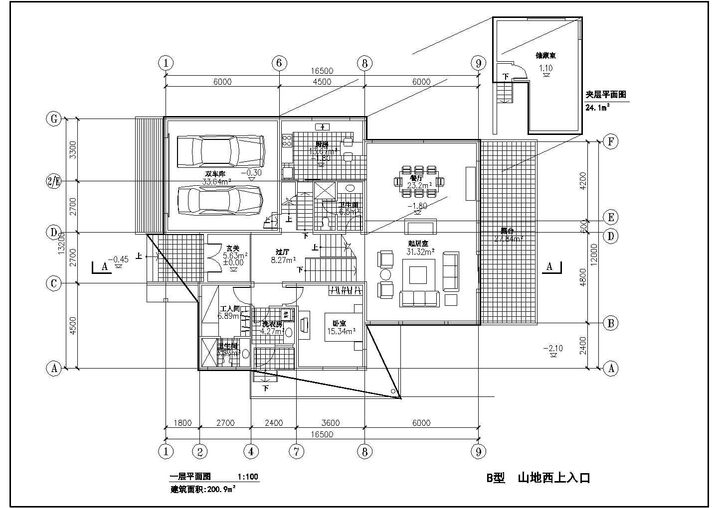 某南京山地别墅CAD详细B户型设计大样结构施工方案