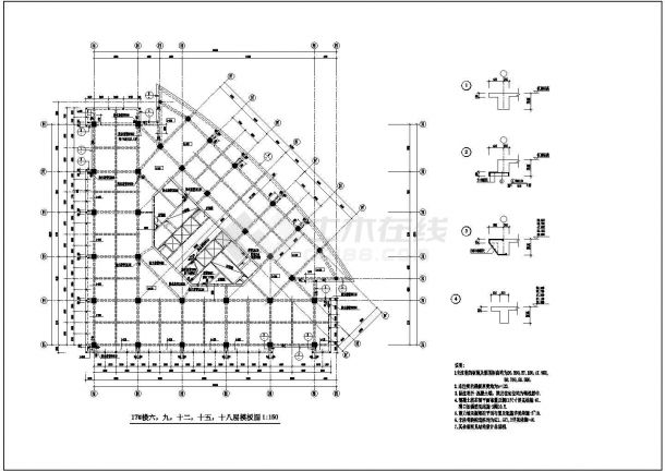 19层框架三角形办公楼结构设计图纸（ 长44.55米 宽40.5米 ）-图二