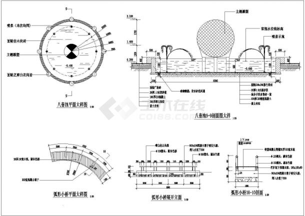 汉中市某公园叠泉假山及弧形小桥建筑设计CAD图纸-图一