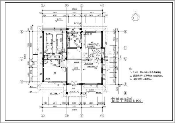 【连云港】某三层欧式独栋别墅全套建筑施工cad图（2栋）-图一