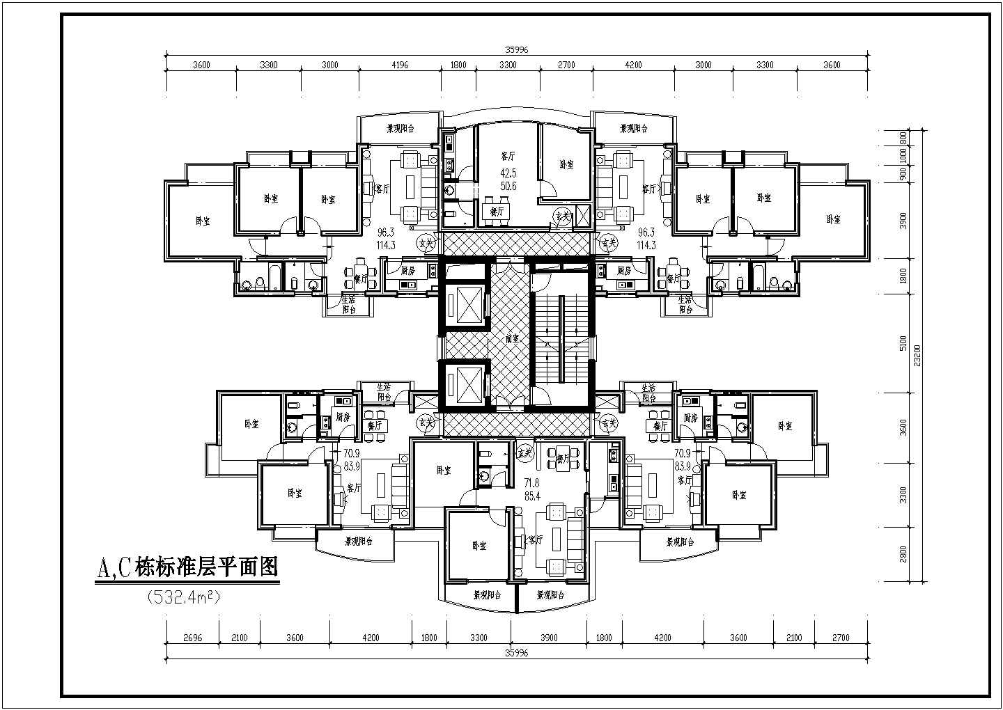 某地区高层建筑户型设计施工详细方案CAD图纸